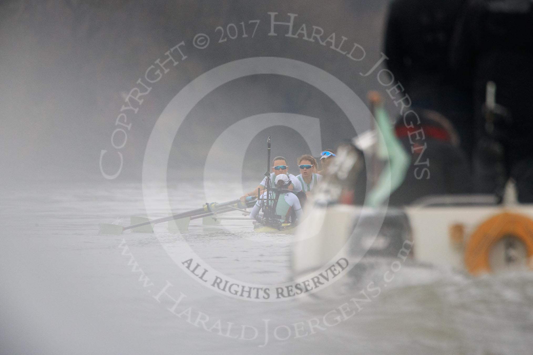 The Cancer Research UK Women's Boat Race 2018: One reason for the lack of race photos is seen here - the boats were out of sight a lot of the time. Here a part of the RIB is in the way on the left, and the umpire's launch on the right..
River Thames between Putney Bridge and Mortlake,
London SW15,

United Kingdom,
on 24 March 2018 at 16:34, image #172