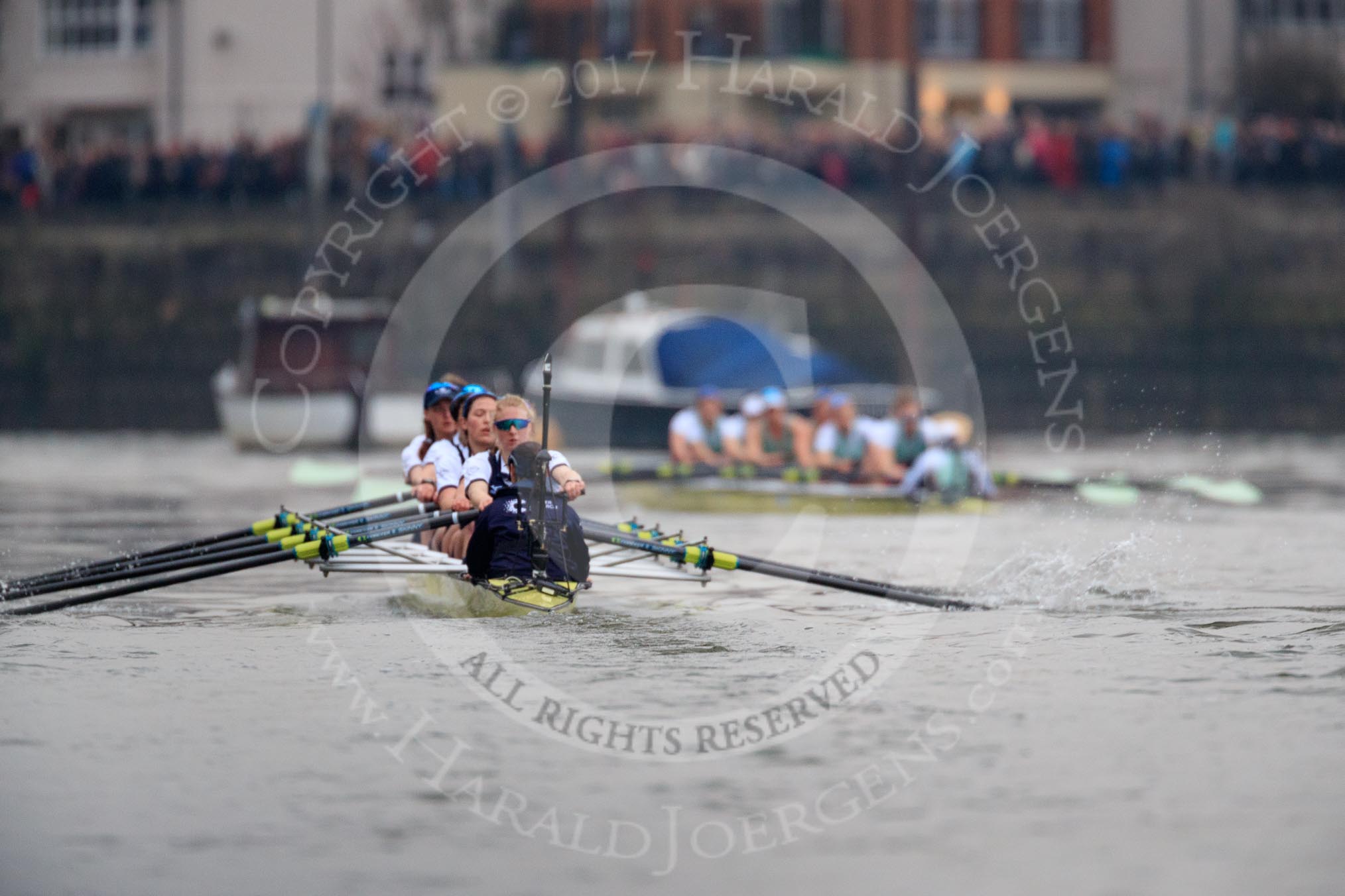 The Cancer Research UK Women's Boat Race 2018: Near Chiswick Eyot, and the Cambridge women are getting further ahead.
River Thames between Putney Bridge and Mortlake,
London SW15,

United Kingdom,
on 24 March 2018 at 16:43, image #187