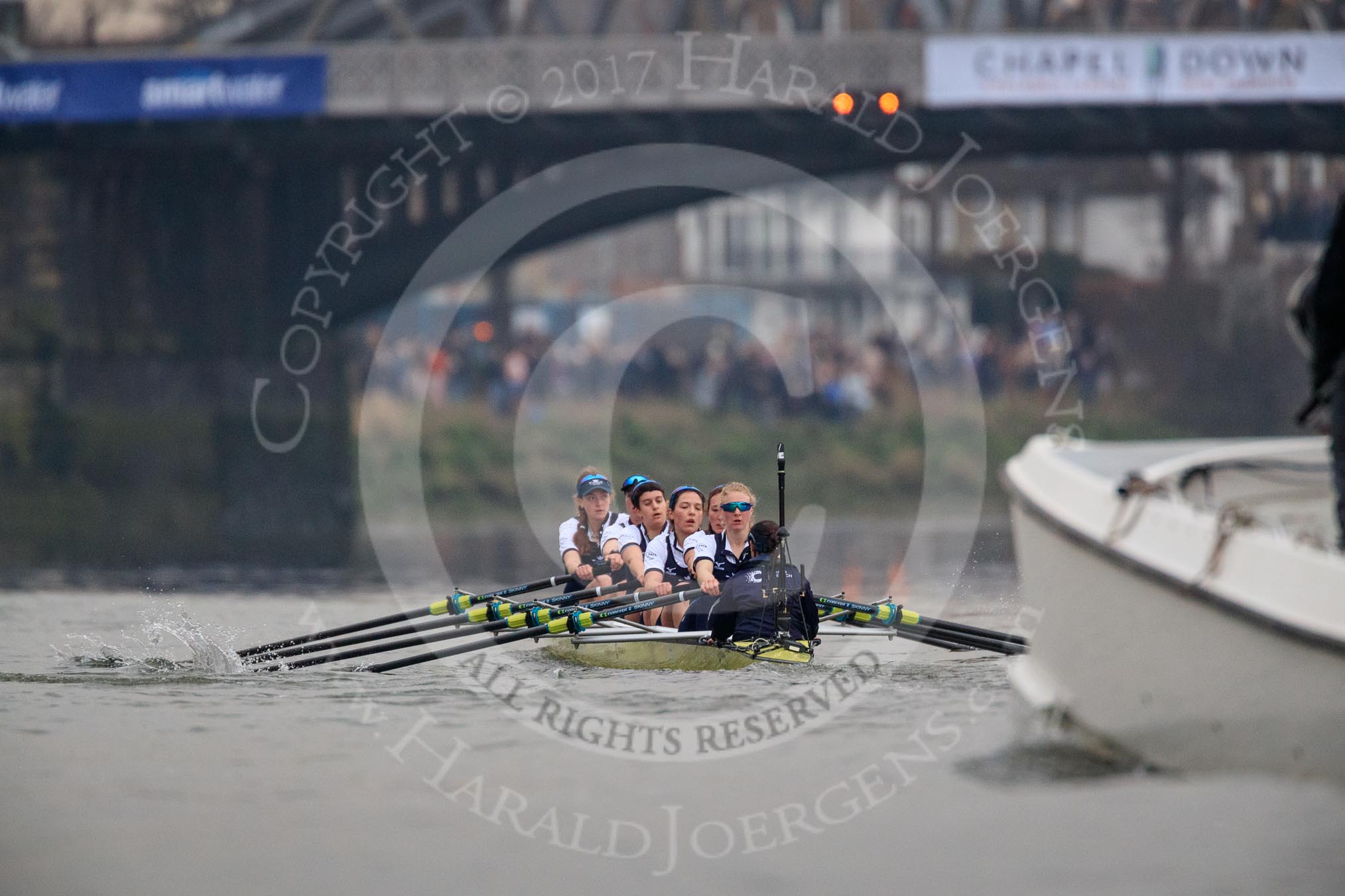 The Cancer Research UK Women's Boat Race 2018: The Oxford women approaching Barnes Bridge - bow Renée Koolschijn, 2 Katherine Erickson, 3 Juliette Perry, 4 Alice Roberts, 5 Morgan McGovern, 6 Sara Kushma, 7 Abigail Killen, stroke Beth Bridgman, cox Jessica Buck.
River Thames between Putney Bridge and Mortlake,
London SW15,

United Kingdom,
on 24 March 2018 at 16:46, image #194