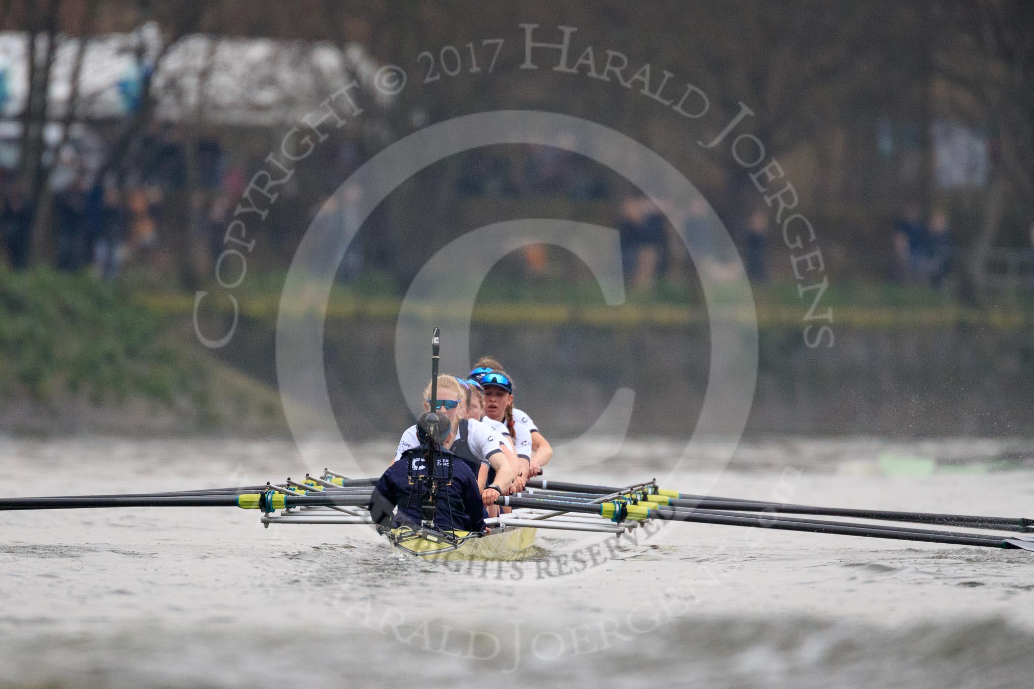 The Cancer Research UK Women's Boat Race 2018: The Oxford boat - cox Jessica Buck, stroke Beth Bridgman, 7 Abigail Killen, 6 Sara Kushma, 5 Morgan McGovern, 4 Alice Roberts, 3 Juliette Perry, 2 Katherine Erickson, bow Renée Koolschijn.
River Thames between Putney Bridge and Mortlake,
London SW15,

United Kingdom,
on 24 March 2018 at 16:47, image #200