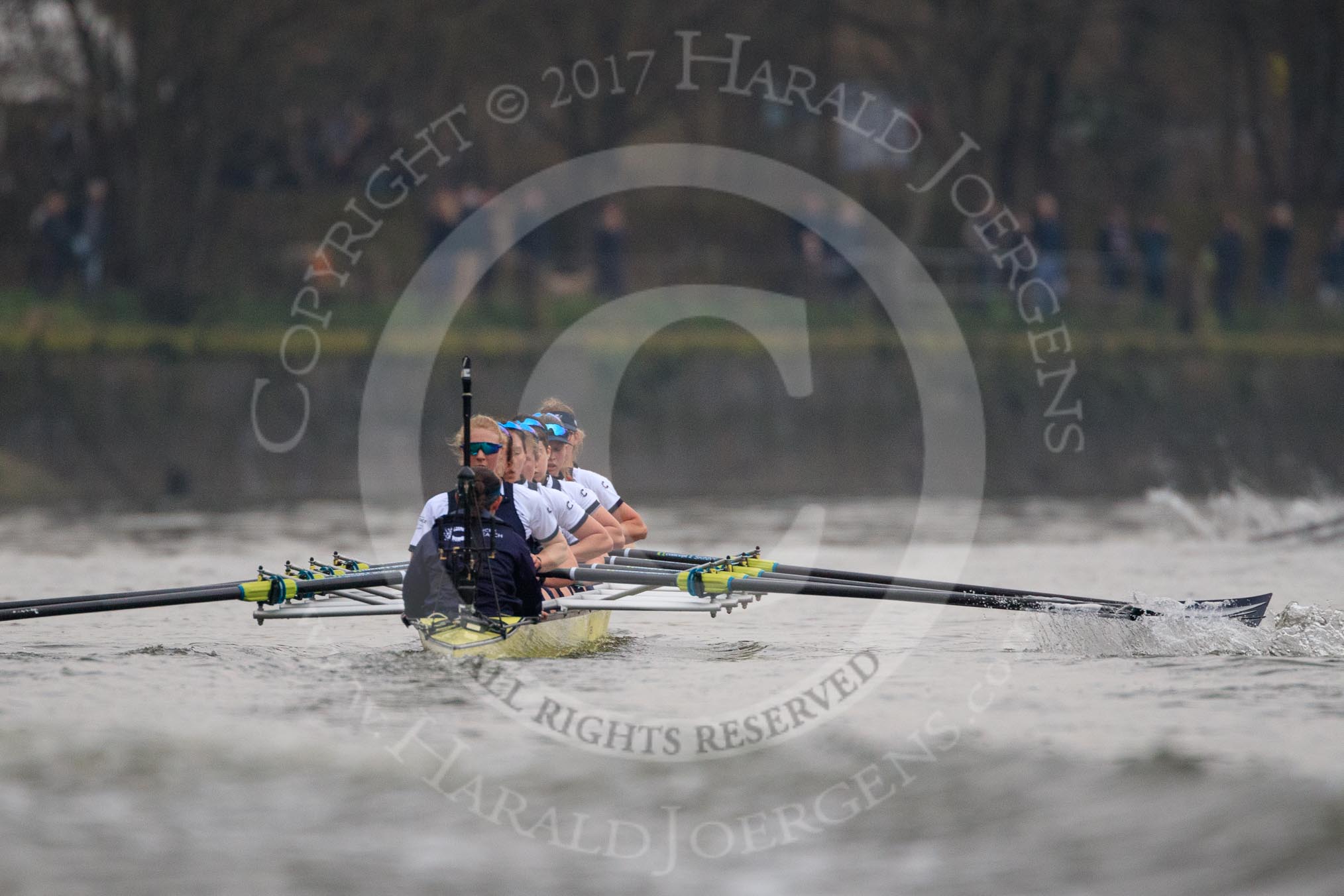 The Cancer Research UK Women's Boat Race 2018: The Oxford boat - cox Jessica Buck, stroke Beth Bridgman, 7 Abigail Killen, 6 Sara Kushma, 5 Morgan McGovern, 4 Alice Roberts, 3 Juliette Perry, 2 Katherine Erickson, bow Renée Koolschijn.
River Thames between Putney Bridge and Mortlake,
London SW15,

United Kingdom,
on 24 March 2018 at 16:47, image #201