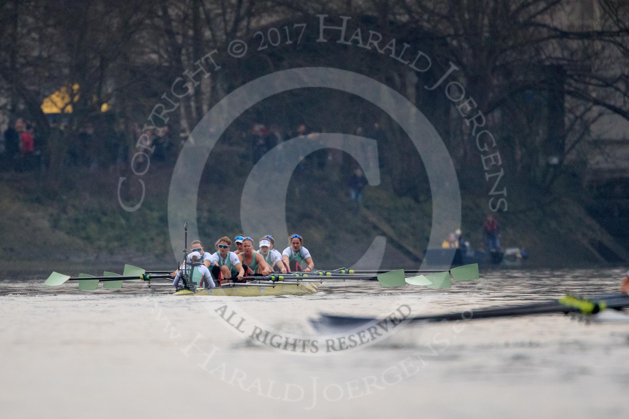 The Cancer Research UK Women's Boat Race 2018: Cambridge just yards away from the finish line - cox Sophie Shapter, stroke Olivia Coffey, 7 Myriam Goudet-Boukhatmi, 6 Alice White, 5 Paula Wesselmann, 4 Thea Zabell, 3 Kelsey Barolak, 2	Imogen Grant, bow Tricia Smith.
River Thames between Putney Bridge and Mortlake,
London SW15,

United Kingdom,
on 24 March 2018 at 16:49, image #206
