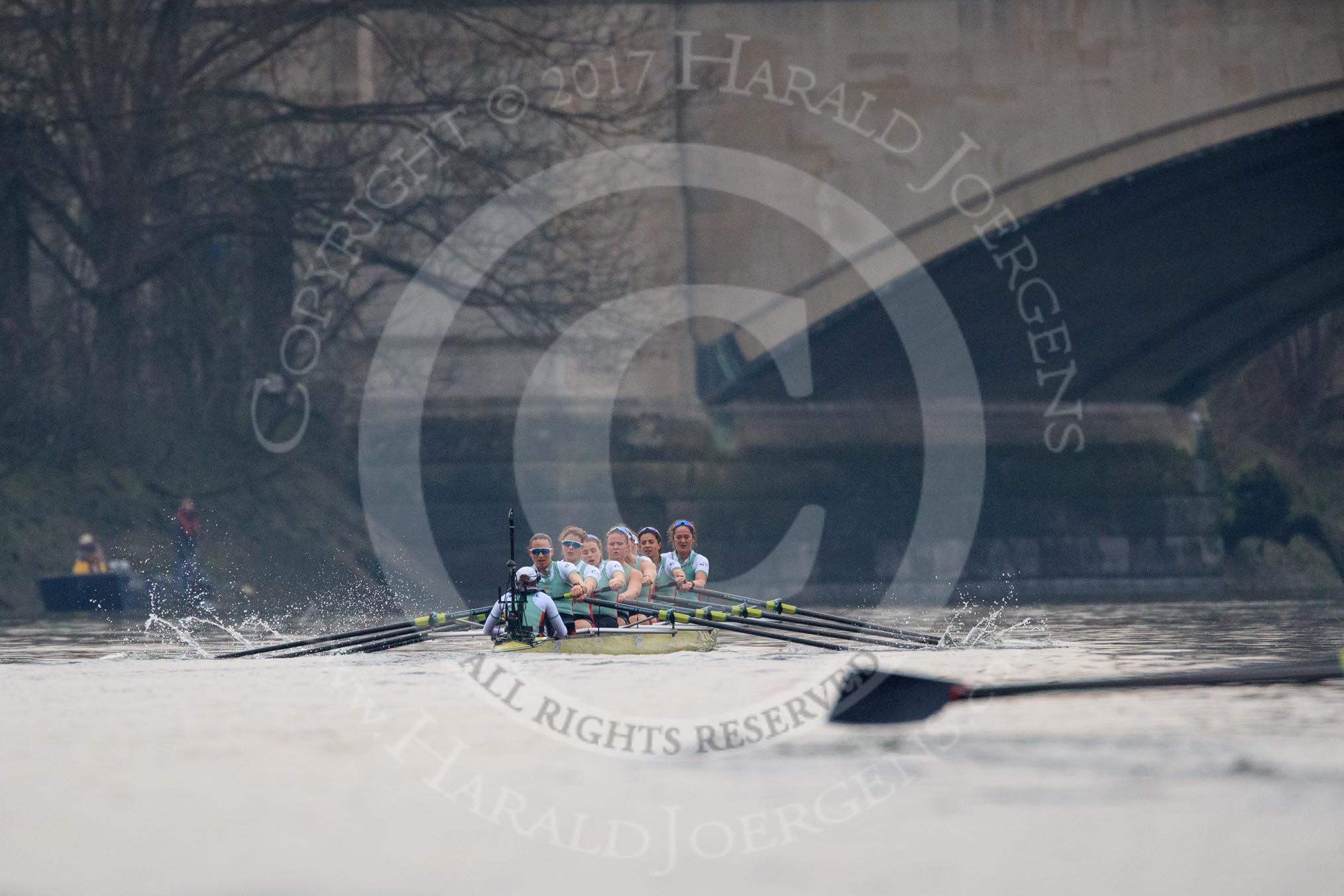 The Cancer Research UK Women's Boat Race 2018: Cambridge just yards away from the finish line - cox Sophie Shapter, stroke Olivia Coffey, 7 Myriam Goudet-Boukhatmi, 6 Alice White, 5 Paula Wesselmann, 4 Thea Zabell, 3 Kelsey Barolak, 2	Imogen Grant, bow Tricia Smith.
River Thames between Putney Bridge and Mortlake,
London SW15,

United Kingdom,
on 24 March 2018 at 16:49, image #207