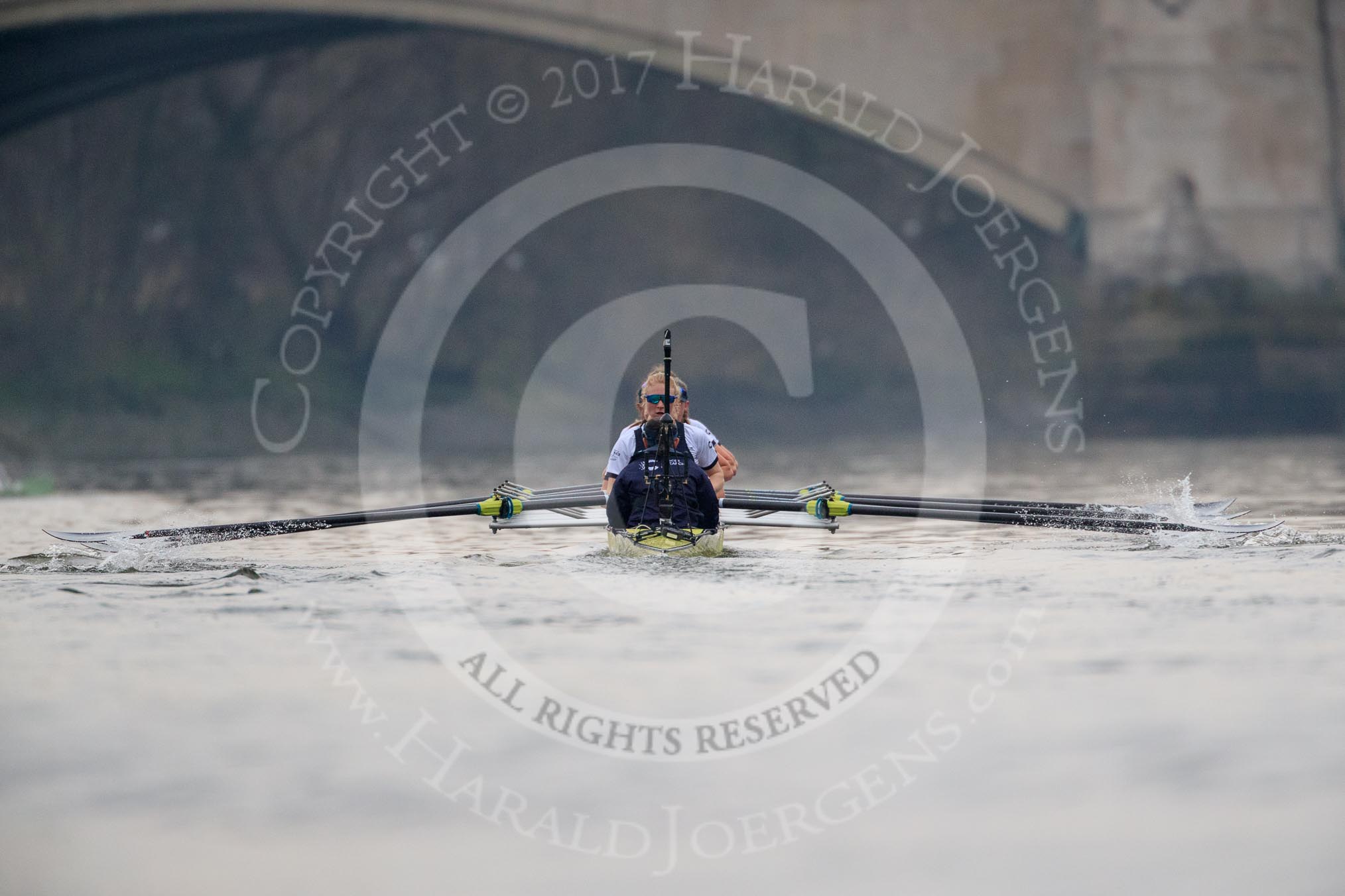 The Cancer Research UK Women's Boat Race 2018: Oxford getting close to the finish line. The photo does not show how far the Cambridge boat is ahead.
River Thames between Putney Bridge and Mortlake,
London SW15,

United Kingdom,
on 24 March 2018 at 16:50, image #208