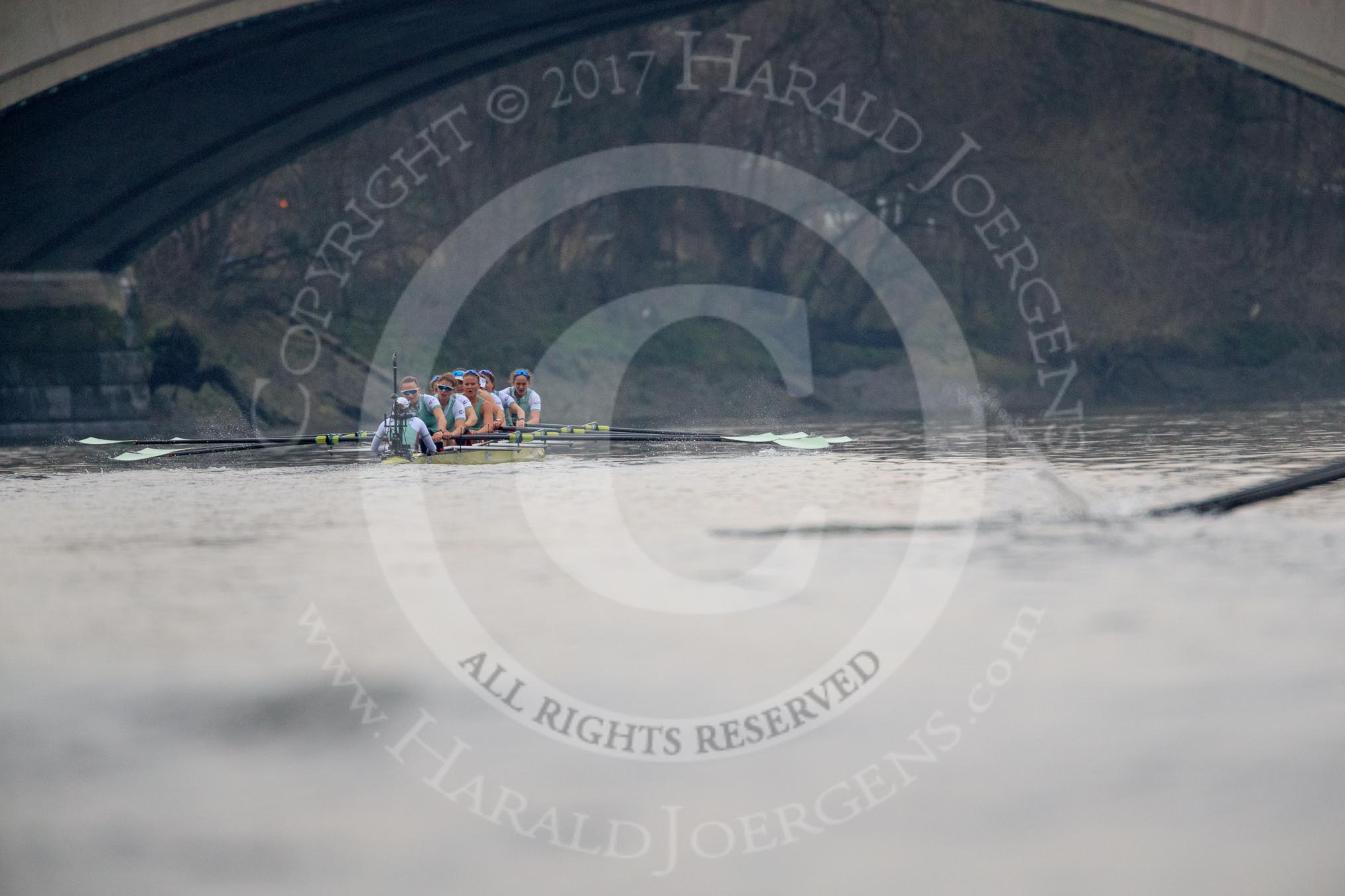 The Cancer Research UK Women's Boat Race 2018: The Cambridge boat passing the finish line - cox Sophie Shapter, stroke Olivia Coffey, 7 Myriam Goudet-Boukhatmi, 6 Alice White, 5 Paula Wesselmann, 4 Thea Zabell, 3 Kelsey Barolak, 2	Imogen Grant, bow Tricia Smith.
River Thames between Putney Bridge and Mortlake,
London SW15,

United Kingdom,
on 24 March 2018 at 16:50, image #209