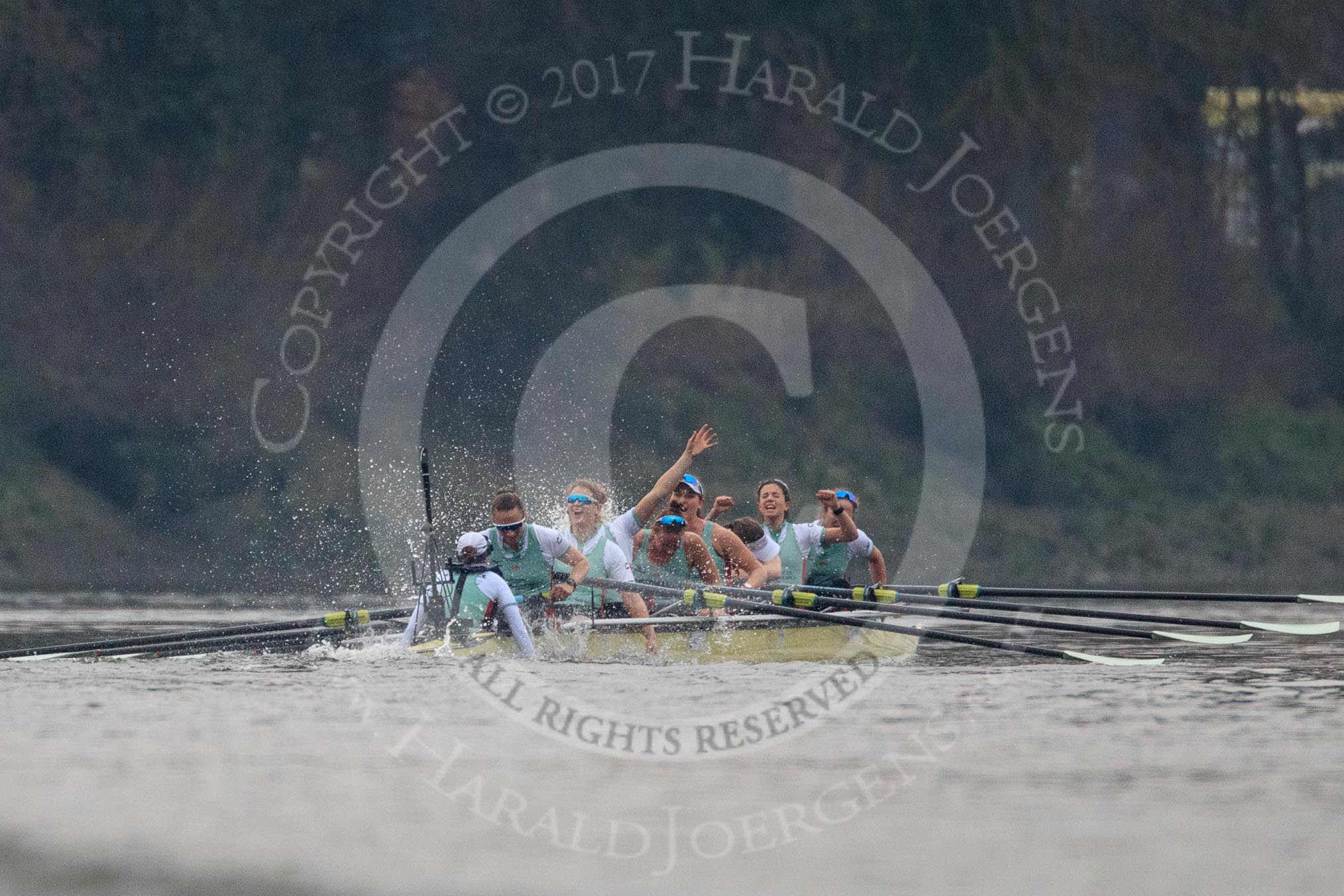 The Cancer Research UK Women's Boat Race 2018: Cambridge has just won the 2018 Women's Boat race, time for the celebrations to start! Cox Sophie Shapter, stroke Olivia Coffey, 7 Myriam Goudet-Boukhatmi, 6 Alice White, 5 Paula Wesselmann, 4 Thea Zabell, 3 Kelsey Barolak, 2	Imogen Grant, bow Tricia Smith.
River Thames between Putney Bridge and Mortlake,
London SW15,

United Kingdom,
on 24 March 2018 at 16:50, image #214