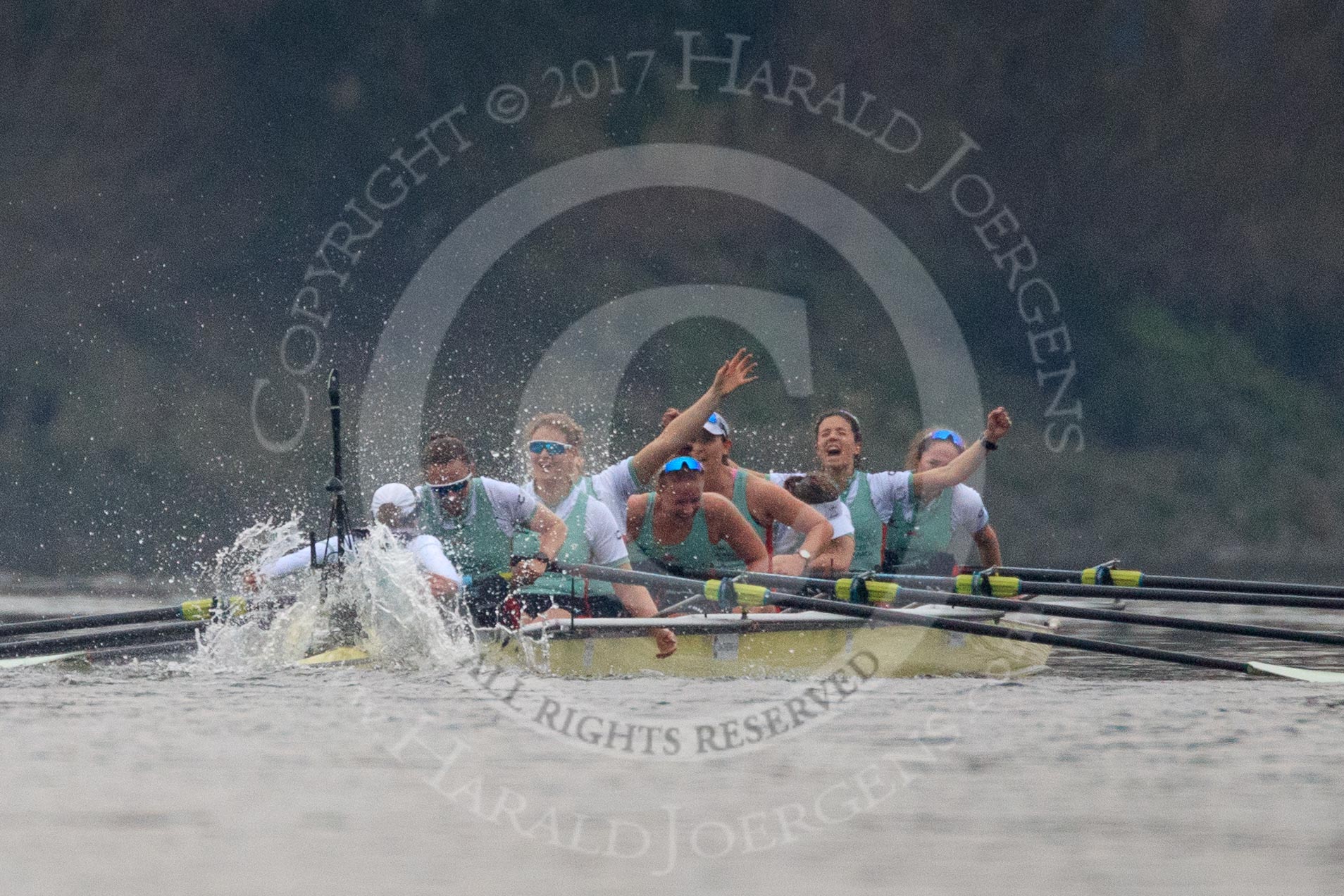 The Cancer Research UK Women's Boat Race 2018: Cambridge has just won the 2018 Women's Boat race, time for the celebrations to start! Cox Sophie Shapter, stroke Olivia Coffey, 7 Myriam Goudet-Boukhatmi, 6 Alice White, 5 Paula Wesselmann, 4 Thea Zabell, 3 Kelsey Barolak, 2	Imogen Grant, bow Tricia Smith.
River Thames between Putney Bridge and Mortlake,
London SW15,

United Kingdom,
on 24 March 2018 at 16:50, image #213