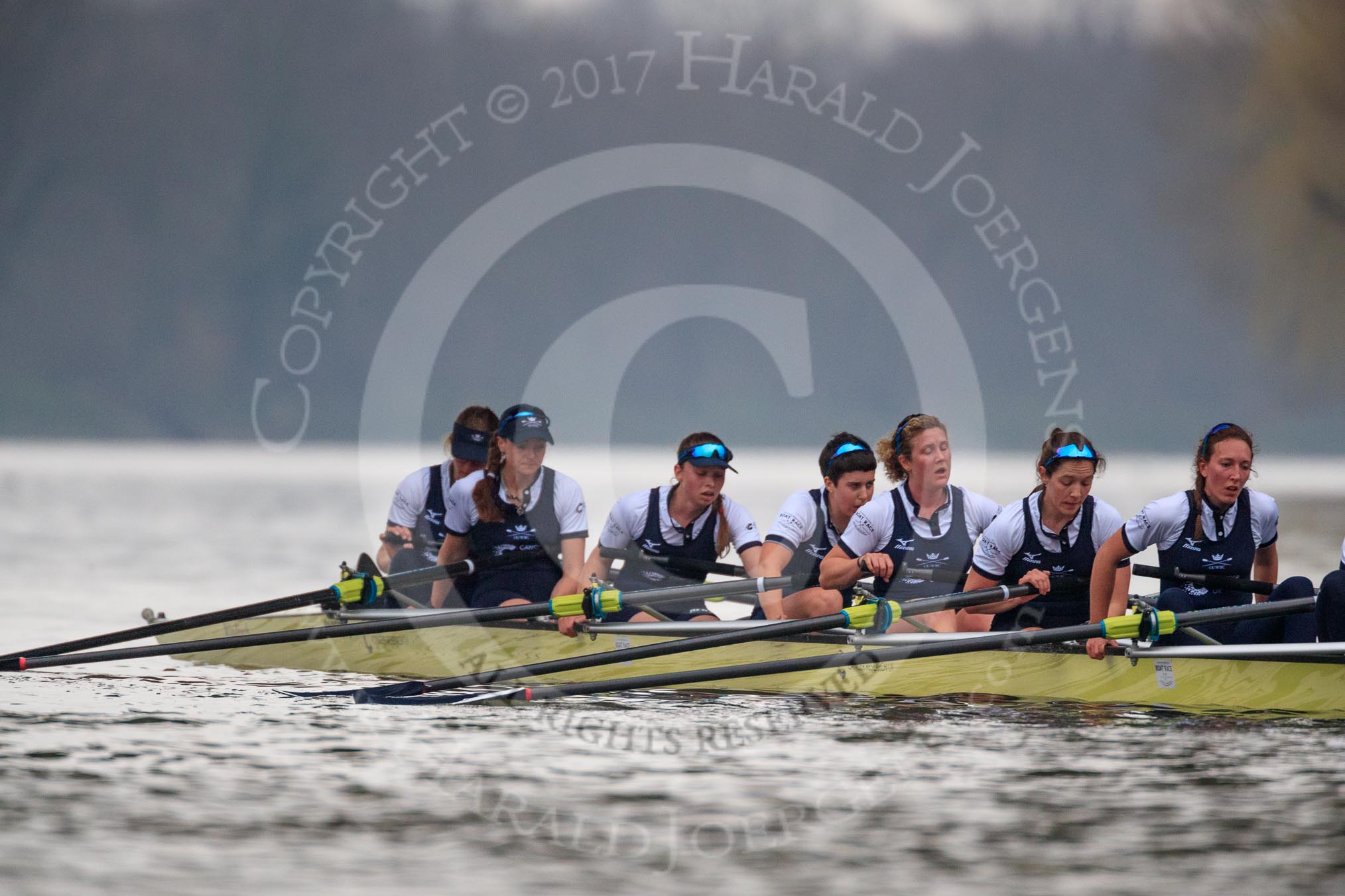 The Cancer Research UK Women's Boat Race 2018: The Oxford women passing the second line as second - bow Renée Koolschijn, 2 Katherine Erickson, 3 Juliette Perry, 4 Alice Roberts, 5 Morgan McGovern, 6 Sara Kushma, 7 Abigail Killen, stroke Beth Bridgman, cox Jessica Buck.
River Thames between Putney Bridge and Mortlake,
London SW15,

United Kingdom,
on 24 March 2018 at 16:51, image #221