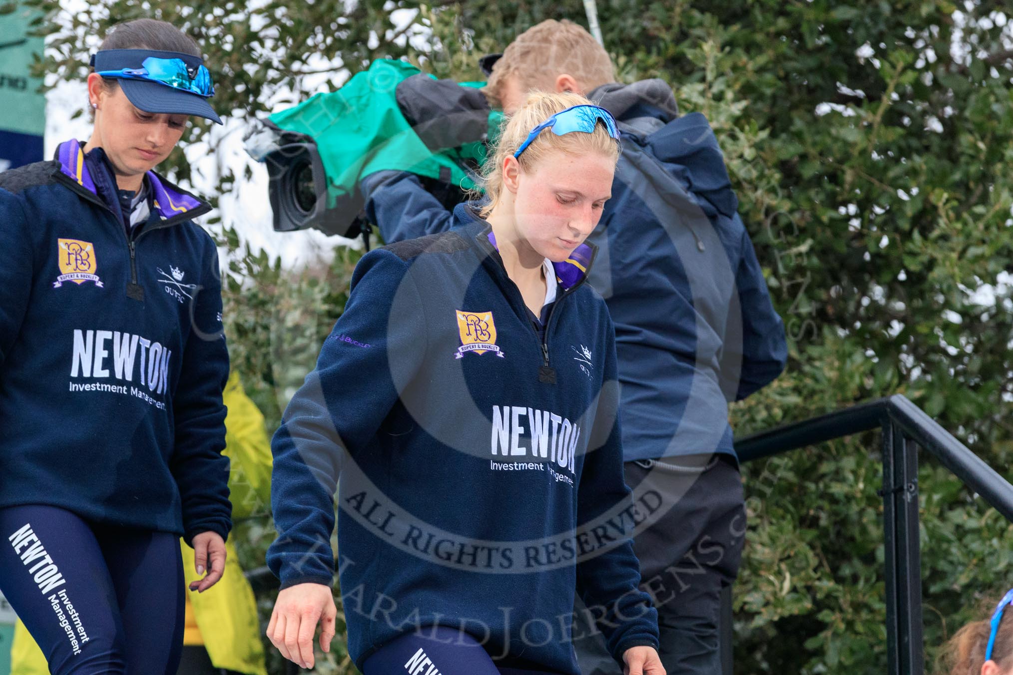 The Cancer Research UK Women's Boat Race 2018: Stepping down from the podium after the race - Oxford' s cox Jessica Buck, stroke Beth Bridgman.
River Thames between Putney Bridge and Mortlake,
London SW15,

United Kingdom,
on 24 March 2018 at 17:06, image #246
