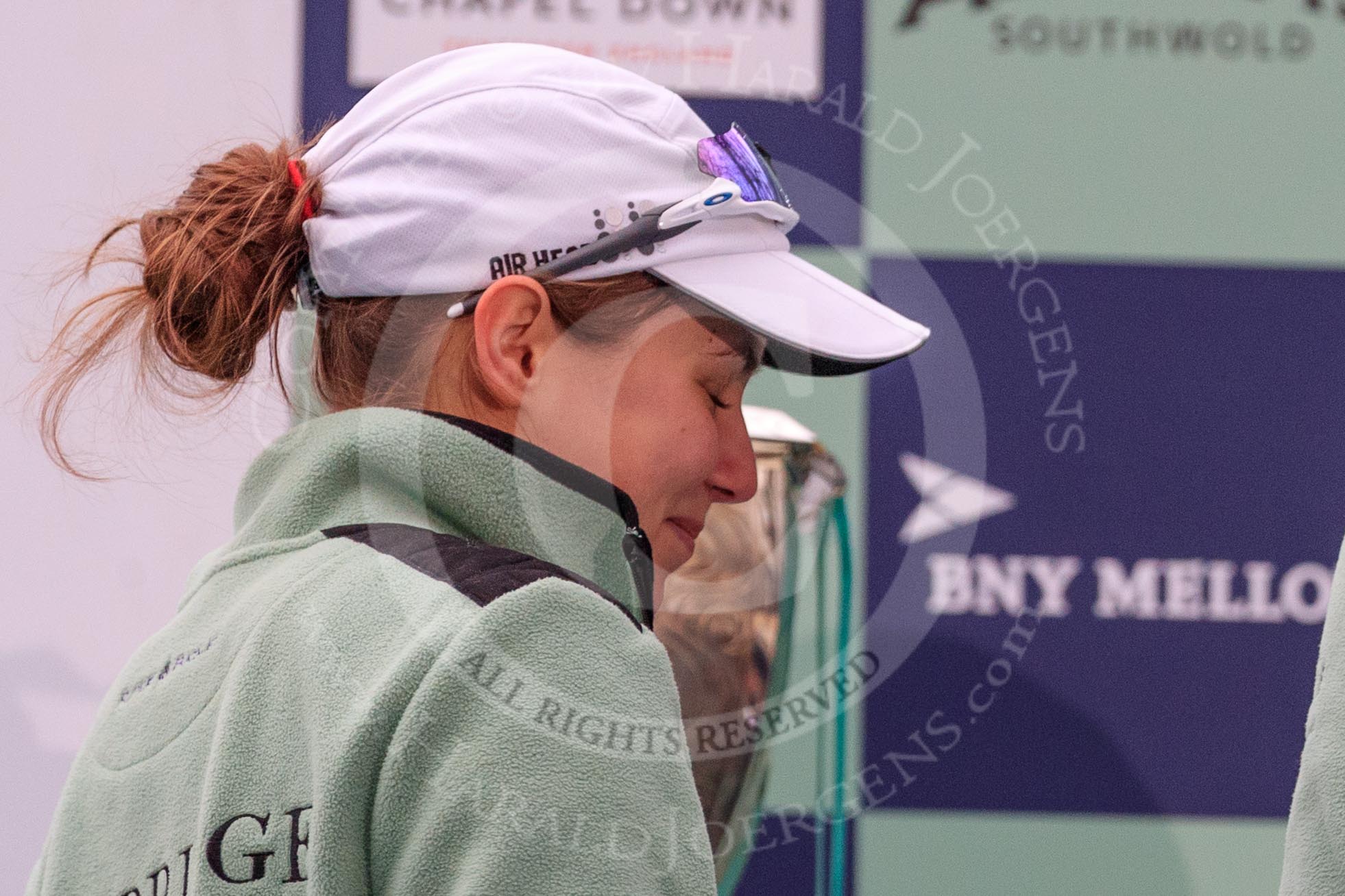Photo 1803241707221X25334HaraldJoergens The Cancer Research UK Women's Boat Race 2018: Cambridge cox Sophie Shapterr, with the Women's Boat Race trophy behind her.
River Thames between Putney Bridge and Mortlake,
London SW15,
United Kingdom,
on 24 March 2018 at 17:07, image #262