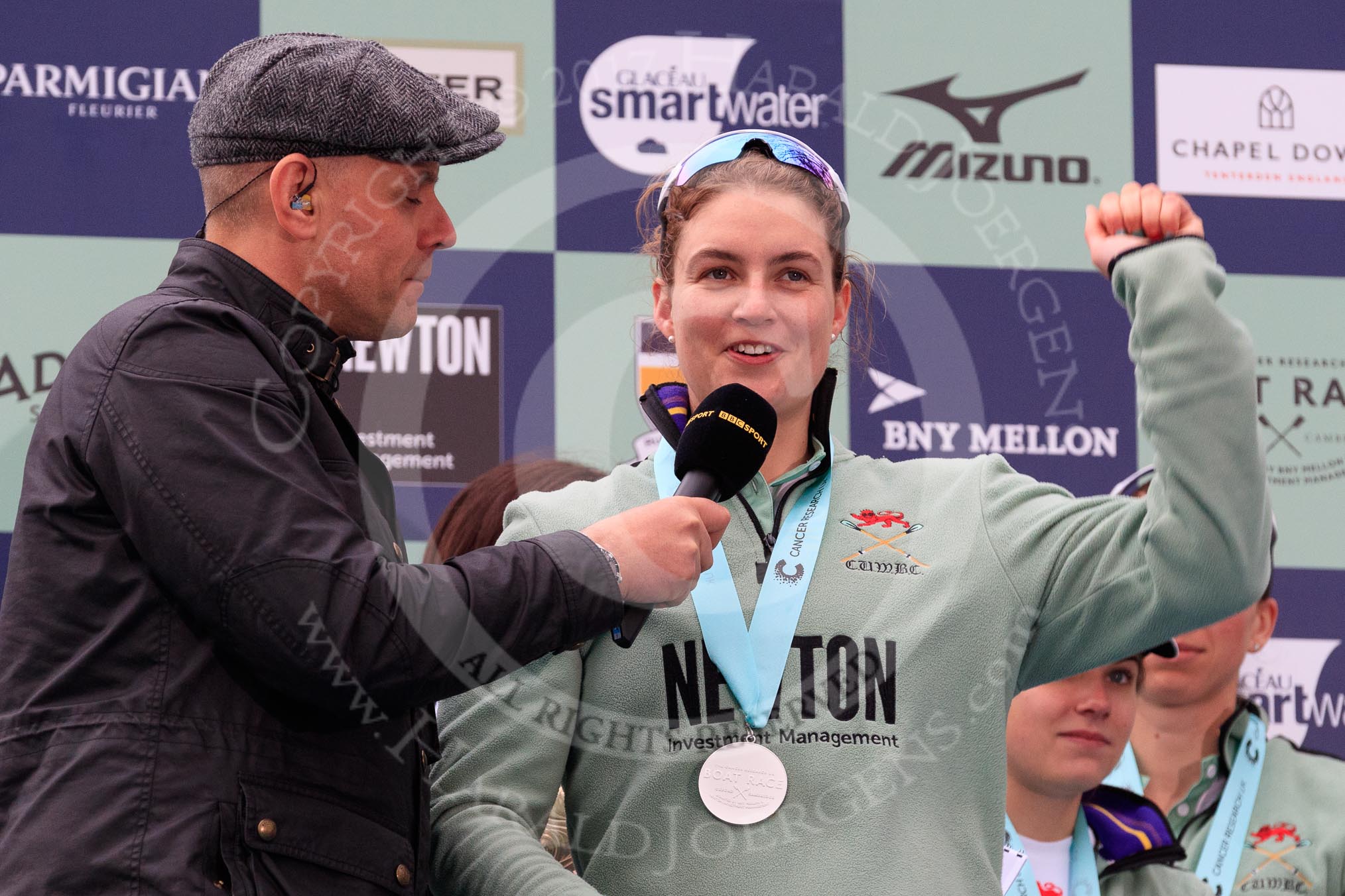 The Cancer Research UK Women's Boat Race 2018: BBC Sport presenter Jason Mohammad interviewing Cambridge 7 seat Myriam Goudet-Boukhatmi.
River Thames between Putney Bridge and Mortlake,
London SW15,

United Kingdom,
on 24 March 2018 at 17:08, image #271