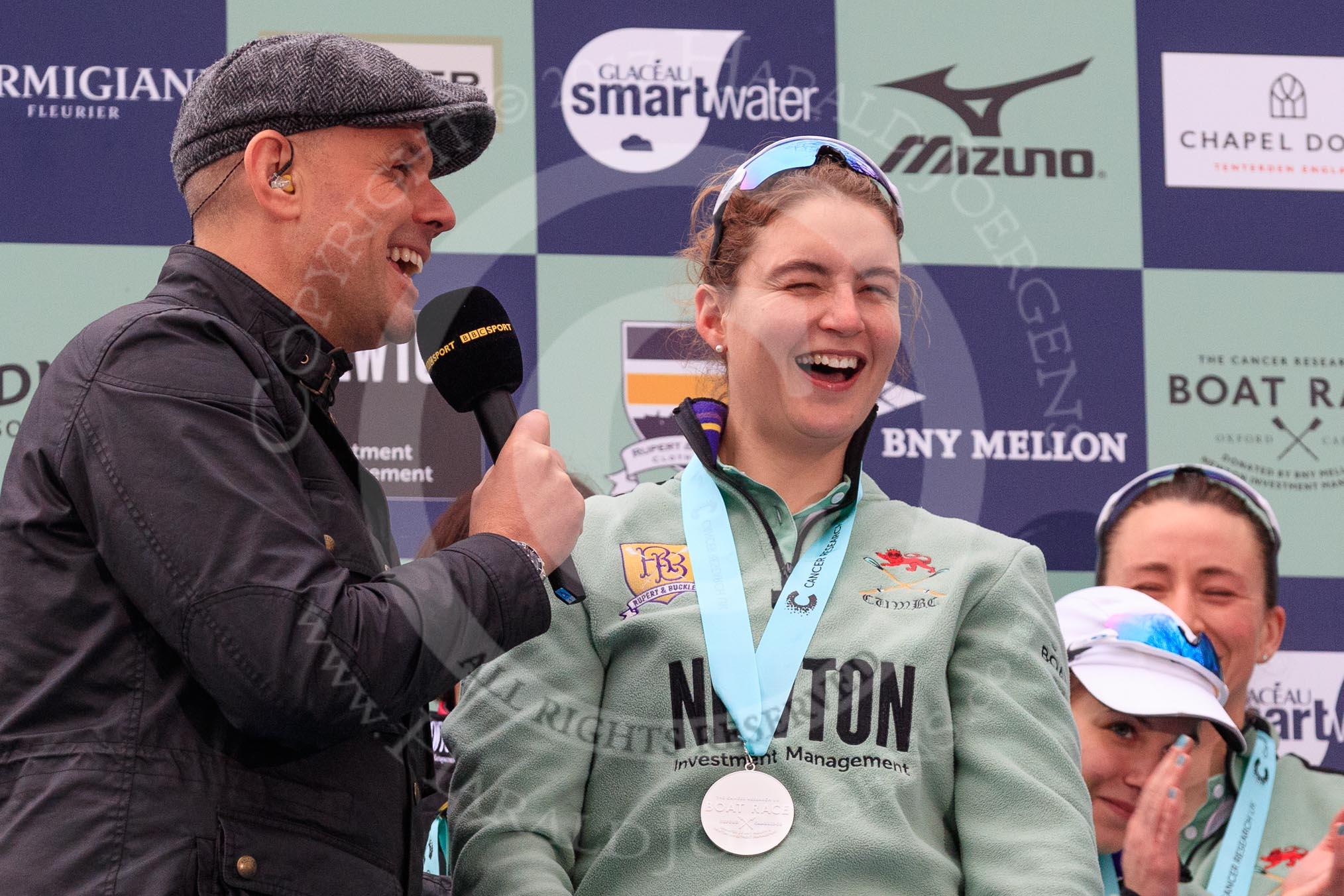 The Cancer Research UK Women's Boat Race 2018: BBC Sport presenter Jason Mohammad interviewing Cambridge 7 seat Myriam Goudet-Boukhatmi.
River Thames between Putney Bridge and Mortlake,
London SW15,

United Kingdom,
on 24 March 2018 at 17:08, image #272