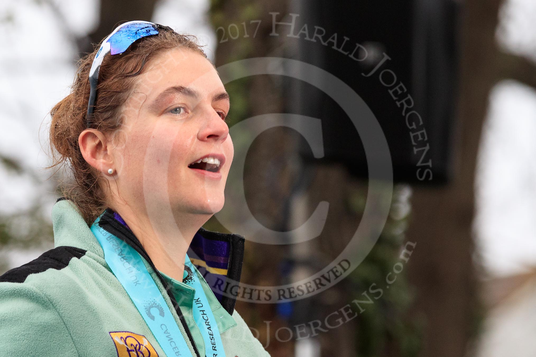 The Cancer Research UK Women's Boat Race 2018: Cambridge 7 seat Myriam Goudet-Boukhatmi leaving the podium.
River Thames between Putney Bridge and Mortlake,
London SW15,

United Kingdom,
on 24 March 2018 at 17:10, image #307