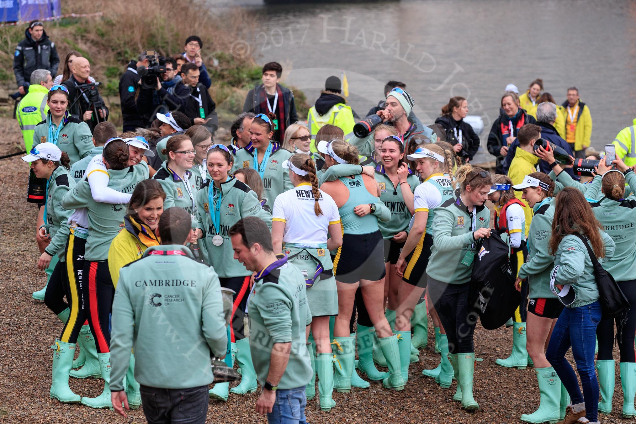 The Cancer Research UK Women's Boat Race 2018: The Cambridge women celebrating after both the Blue Boat and the reserve boat, Blondie, have beaten the Oxford boats.
River Thames between Putney Bridge and Mortlake,
London SW15,

United Kingdom,
on 24 March 2018 at 17:12, image #310