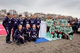 The Cancer Research UK Women's Boat Race 2018: The Oxford- and Cambridge crews, with the Women's Boat Race trophy, after the toss.
River Thames between Putney Bridge and Mortlake,
London SW15,

United Kingdom,
on 24 March 2018 at 14:42, image #52