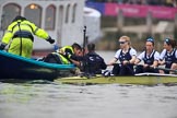 The Cancer Research UK Women's Boat Race 2018: The Oxford Blue Boat waiting at the stake boat - cox Jessica Buck, stroke Beth Bridgman, 7 Abigail Killen, 6 Sara Kushma.
River Thames between Putney Bridge and Mortlake,
London SW15,

United Kingdom,
on 24 March 2018 at 16:28, image #155