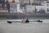 The Cancer Research UK Women's Boat Race 2018: The Cambridge boat is just visible on the left as they extend their lead. In the Bandstand area, here the Oxfford boat with bow Renée Koolschijn, 2 Katherine Erickson, 3 Juliette Perry, 4 Alice Roberts, 5 Morgan McGovern, 6 Sara Kushma, 7 Abigail Killen, stroke Beth Bridgman, cox Jessica Buck.
River Thames between Putney Bridge and Mortlake,
London SW15,

United Kingdom,
on 24 March 2018 at 16:45, image #189