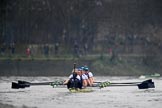 The Cancer Research UK Women's Boat Race 2018: The Oxford boat - cox Jessica Buck, stroke Beth Bridgman, 7 Abigail Killen, 6 Sara Kushma, 5 Morgan McGovern, 4 Alice Roberts, 3 Juliette Perry, 2 Katherine Erickson, bow Renée Koolschijn
. Just visible on the right is the leading Cambridge boat.
River Thames between Putney Bridge and Mortlake,
London SW15,

United Kingdom,
on 24 March 2018 at 16:47, image #202