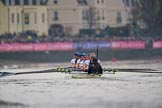 The Cancer Research UK Women's Boat Race 2018: The Oxford boat getting closer to the finish line - bow Renée Koolschijn, 2 Katherine Erickson, 3 Juliette Perry, 4 Alice Roberts, 5 Morgan McGovern, 6 Sara Kushma, 7 Abigail Killen, stroke Beth Bridgman, cox Jessica Buck.
River Thames between Putney Bridge and Mortlake,
London SW15,

United Kingdom,
on 24 March 2018 at 16:49, image #205