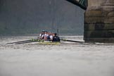 The Cancer Research UK Women's Boat Race 2018: The Oxford women passing the second line as second - bow Renée Koolschijn, 2 Katherine Erickson, 3 Juliette Perry, 4 Alice Roberts, 5 Morgan McGovern, 6 Sara Kushma, 7 Abigail Killen, stroke Beth Bridgman, cox Jessica Buck.
River Thames between Putney Bridge and Mortlake,
London SW15,

United Kingdom,
on 24 March 2018 at 16:50, image #219
