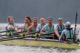The Cancer Research UK Women's Boat Race 2018: The Cambridge women celebrating their win - bow Tricia Smith, 2 Imogen Grant, 3 Kelsey Barolak, 4 Thea Zabell, 5 Paula Wesselmann, 6 Alice White, 7 Myriam Goudet-Boukhatmi, stroke Olivia Coffey, cox Sophie Shapter.
River Thames between Putney Bridge and Mortlake,
London SW15,

United Kingdom,
on 24 March 2018 at 16:51, image #225