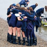 The Cancer Research UK Women's Boat Race 2018: The Oxford women, arriving second, huddled together after the race.
River Thames between Putney Bridge and Mortlake,
London SW15,

United Kingdom,
on 24 March 2018 at 16:58, image #228