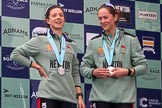 The Cancer Research UK Women's Boat Race 2018: Cambridge 2 seat Imogen Grant and bow seat Tricia Smith, with her Women's Boat Race medals. on the podium.
River Thames between Putney Bridge and Mortlake,
London SW15,

United Kingdom,
on 24 March 2018 at 17:06, image #254