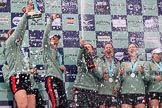The Cancer Research UK Women's Boat Race 2018: Cambridge celebrations, with lots of champagne (actually Chapel Down Brut) on the podium, after winning the Women's Boat Race.
River Thames between Putney Bridge and Mortlake,
London SW15,

United Kingdom,
on 24 March 2018 at 17:09, image #278