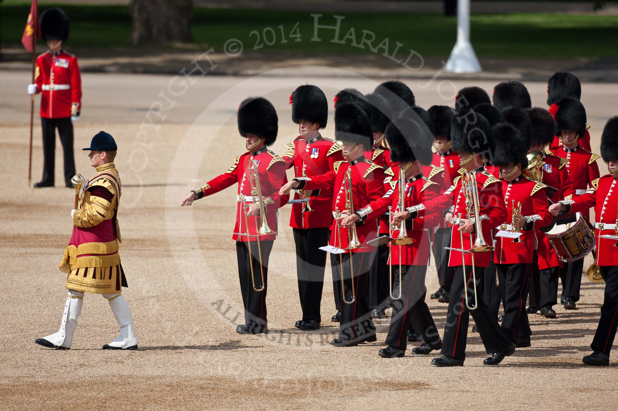 Trooping the Colour 2009: Drum Major S O'Brien, Welsh Guards, leading the Band of the Coldstream Guards along St. James's Park to their initial position on Horse Guards Parade..
Horse Guards Parade, Westminster,
London SW1,

United Kingdom,
on 13 June 2009 at 10:21, image #37