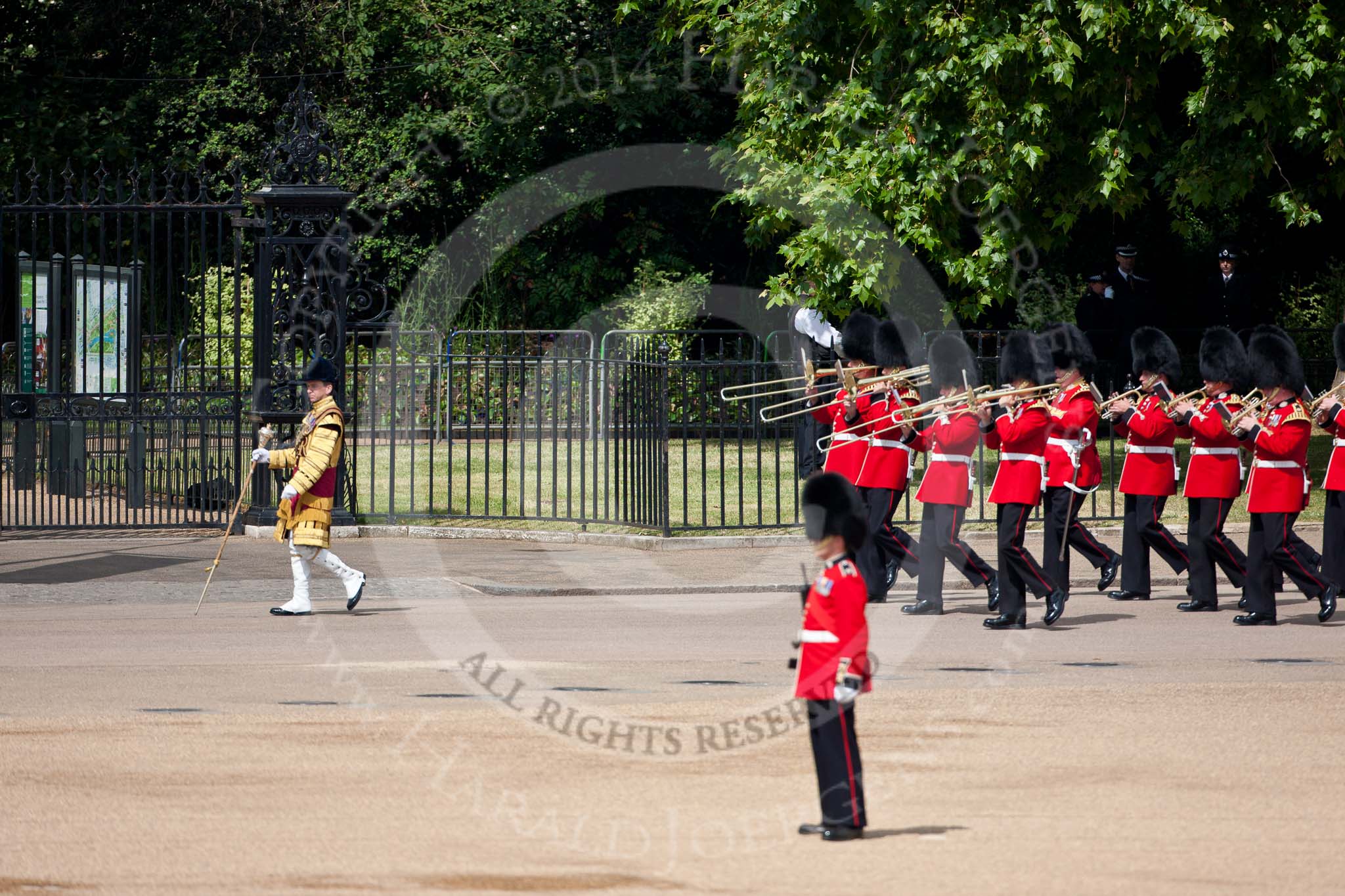 Trooping the Colour 2009: Drum Major M Godsman, Scots Guards, leading the Band of the Scots Guards along St. James's Park towards the parade ground..
Horse Guards Parade, Westminster,
London SW1,

United Kingdom,
on 13 June 2009 at 10:24, image #41