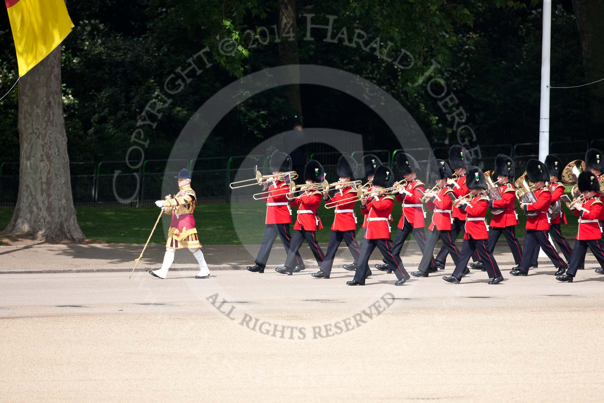 Trooping the Colour 2009: Drum Major Tony Moors leading the Band of the Welsh Guards down Horse Guards Road onto the parade ground..
Horse Guards Parade, Westminster,
London SW1,

United Kingdom,
on 13 June 2009 at 10:26, image #45