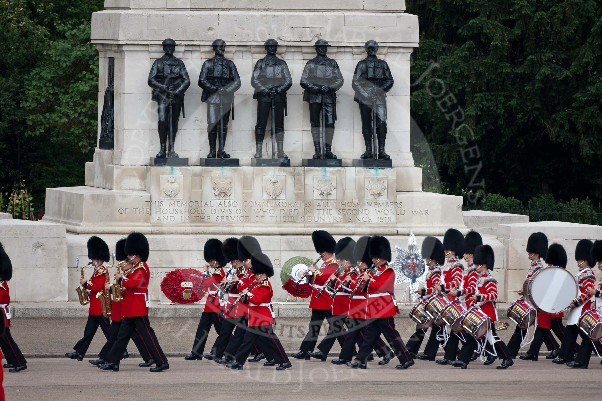 Trooping the Colour 2009: The Band of the Irish Guards, marching along the Guards Memorial to their position on the parade ground..
Horse Guards Parade, Westminster,
London SW1,

United Kingdom,
on 13 June 2009 at 10:30, image #60