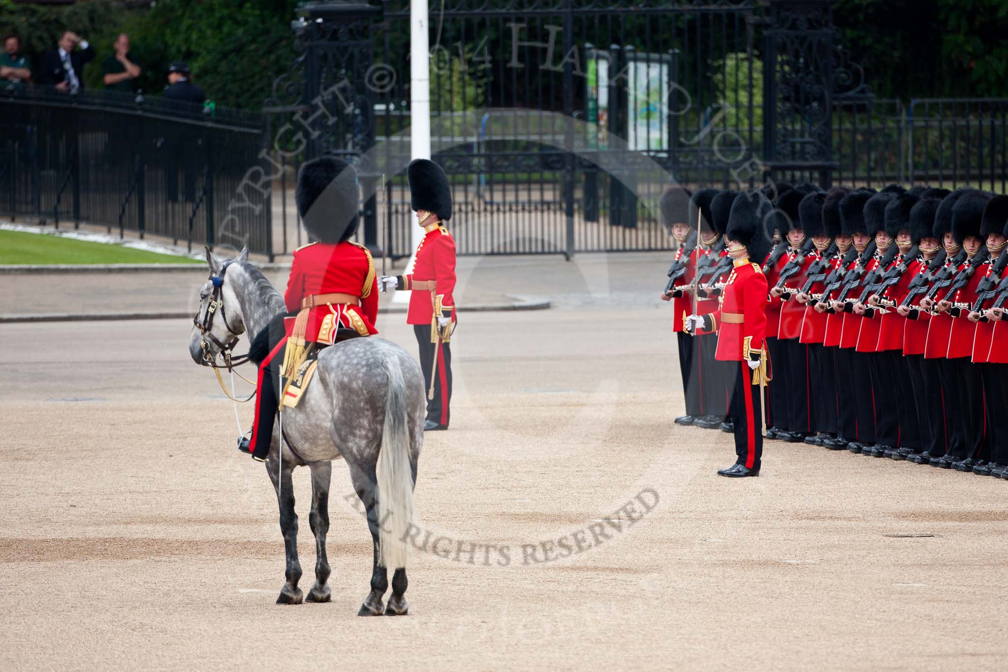 Trooping the Colour 2009: No. 3 Guard, 1st Battalion Irish Guards has opened ranks to give way for the Royal Procession. The Field Officer, Ben Farrell, on 'Wellesley', on the left..
Horse Guards Parade, Westminster,
London SW1,

United Kingdom,
on 13 June 2009 at 10:43, image #84