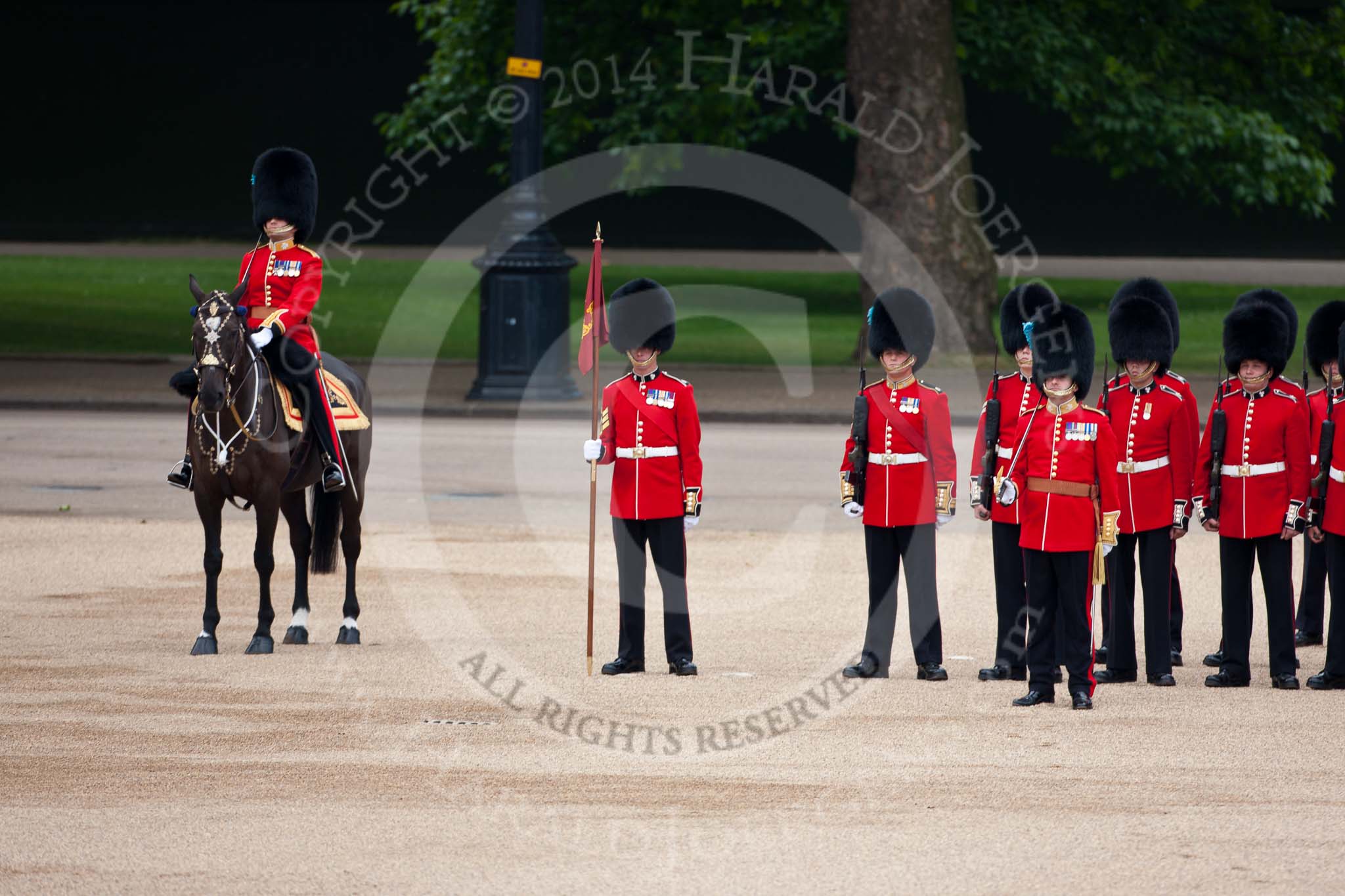 Trooping the Colour 2009: No. 1 Guard, 1st Battalion Irish Guardsm the Escort For the Colour. On the left the Major of the Parade, Major F A D L Roberts, Irish Guards..
Horse Guards Parade, Westminster,
London SW1,

United Kingdom,
on 13 June 2009 at 10:43, image #85
