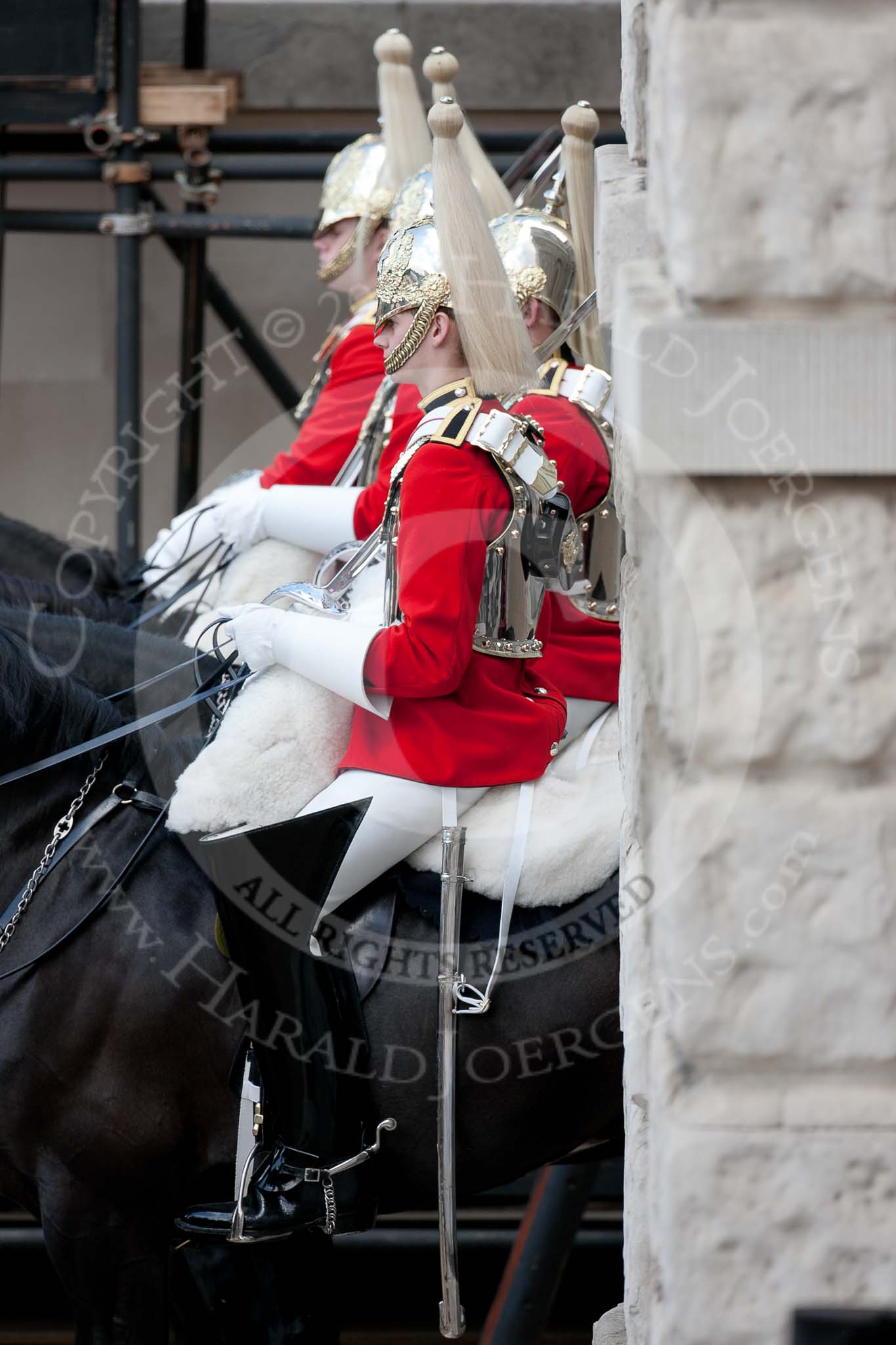 Trooping the Colour 2009: Four Troopers of The Life Guards, part of the Royal Procession, waiting at Horse Guards Arch for the command to march off..
Horse Guards Parade, Westminster,
London SW1,

United Kingdom,
on 13 June 2009 at 12:06, image #248