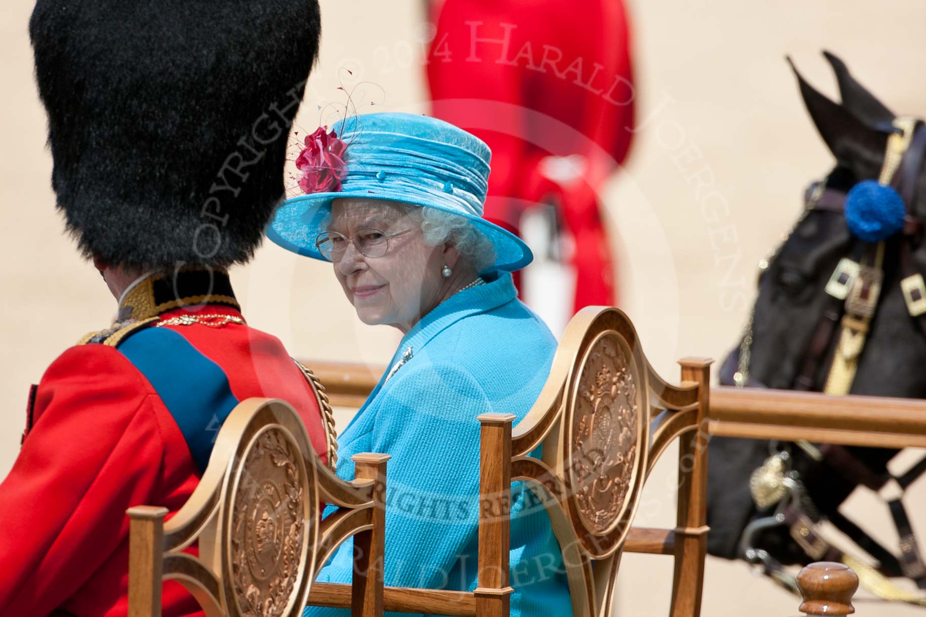 Trooping the Colour 2009: Close-up of HM The Queen and HRH Prince Philip, The Duke of Edinburg, on the saluting base, as the parade is about to come to an end..
Horse Guards Parade, Westminster,
London SW1,

United Kingdom,
on 13 June 2009 at 12:09, image #253