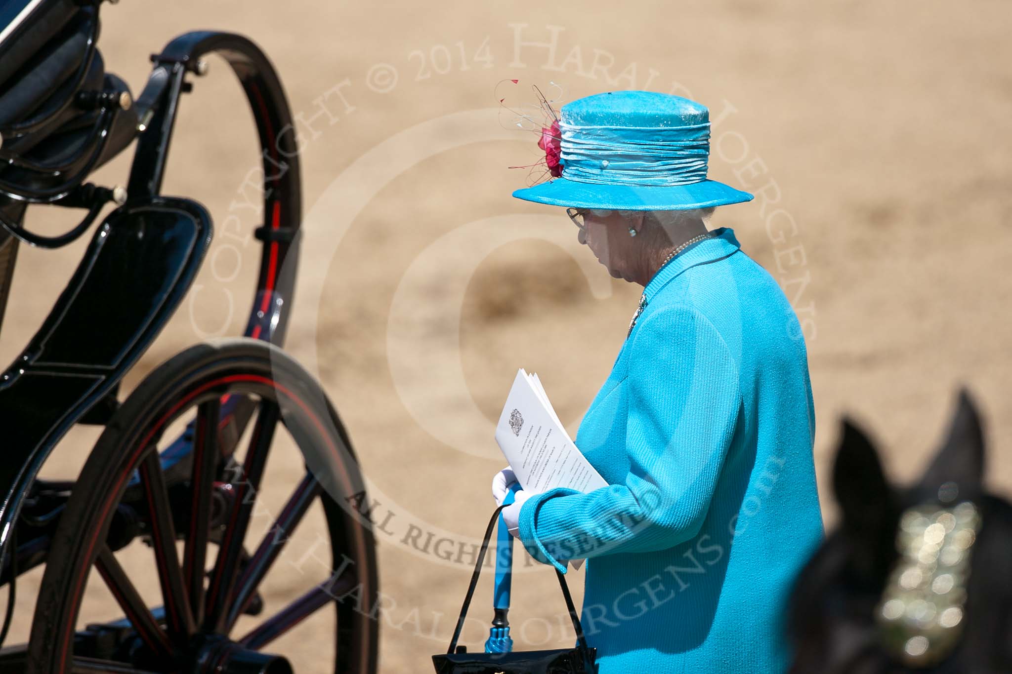 Trooping the Colour 2009: After the parade - HM The Queen on the way to the ivory mounted phaeton, for the journey back to Buckingham Palace via The Mall..
Horse Guards Parade, Westminster,
London SW1,

United Kingdom,
on 13 June 2009 at 12:10, image #255