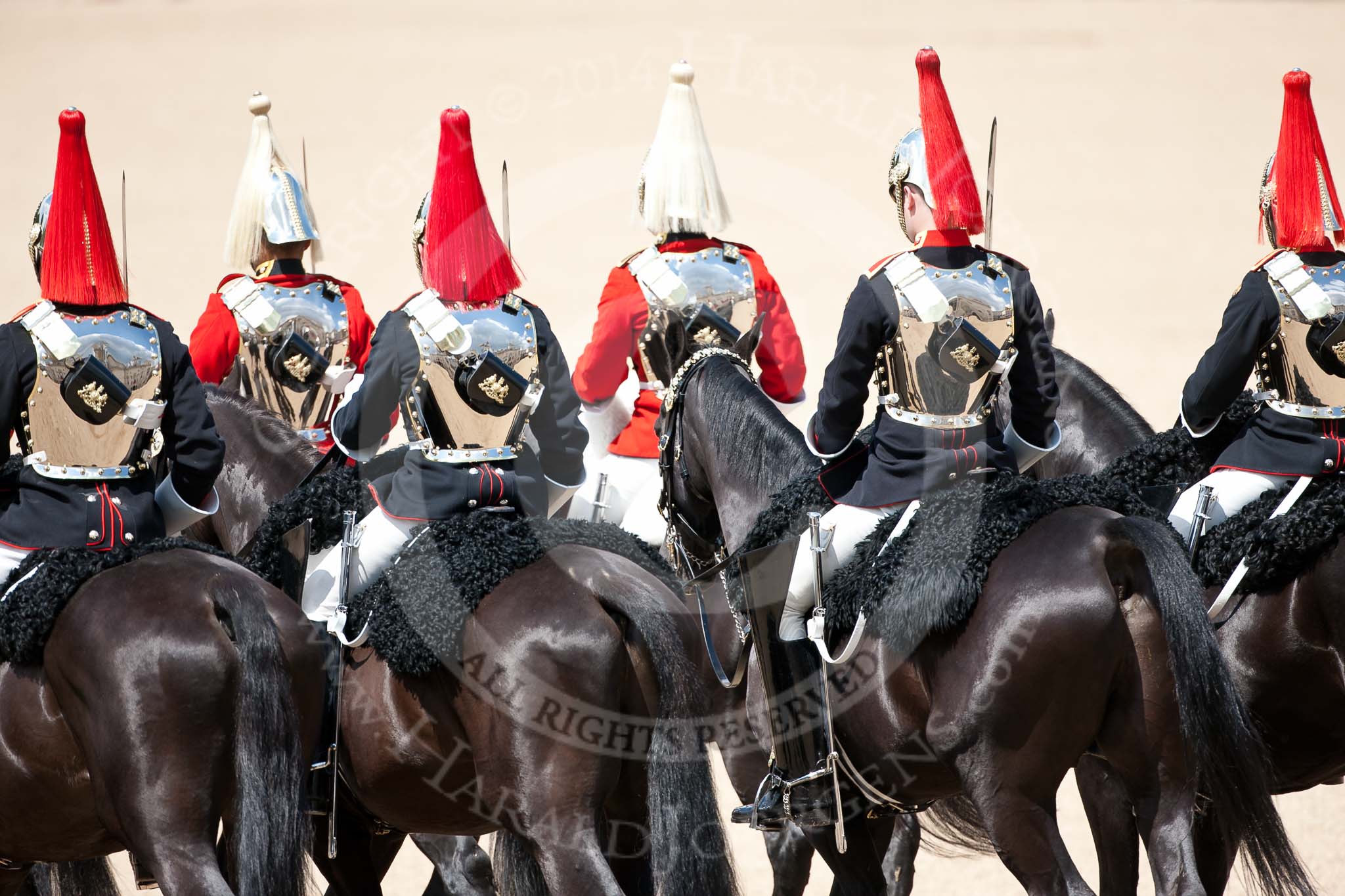 Trooping the Colour 2009: The four Troopers of The Life Guards (white plumes) and The Blues and Royals (red plumes) about to leave Horse Guards Parade at March Off..
Horse Guards Parade, Westminster,
London SW1,

United Kingdom,
on 13 June 2009 at 12:14, image #268