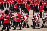 Trooping the Colour 2009: The Massed Bands playing, here Pipers of the Irish Guards behind the Drummers. In the background the Colour Party..
Horse Guards Parade, Westminster,
London SW1,

United Kingdom,
on 13 June 2009 at 11:11, image #169