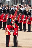 Trooping the Colour 2009: The Regimental Sergeant Major, WO1 Ross Martin, is handing over the Colour to the Ensign, 2nd Lieutenant Andrew Campbell, by placing it into his colour belt..
Horse Guards Parade, Westminster,
London SW1,

United Kingdom,
on 13 June 2009 at 11:21, image #186