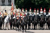 Trooping the Colour 2009: Trumpeter, Standard Bearer, Standard Coverer, and officers and troopers from The Life Guards and The Blues and Royals in front of the Guards Memorial..
Horse Guards Parade, Westminster,
London SW1,

United Kingdom,
on 13 June 2009 at 11:31, image #202