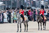 Trooping the Colour 2009: The Field Officer, Lieutenant Colonel Ben Farrell, Irish Guards, riding 'Wellesley', on the left, and The Major of the Parade, Major F A D L Roberts, Irish Guards, on the right..
Horse Guards Parade, Westminster,
London SW1,

United Kingdom,
on 13 June 2009 at 11:34, image #205