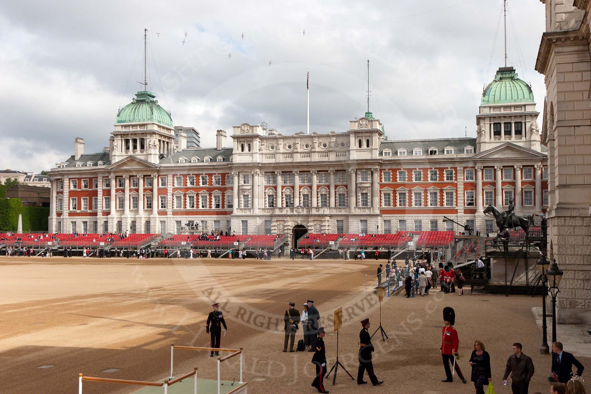 Trooping the Colour 2010: A quiet Sunday morning on Horse Guards Parade, about two hours before the start of the parade.

The big building is the Old Admiralty Building, with stands for the expected spectators in front. 

At the bottom of the photo the saltuting dais from which Her Majesty will watch the parade..
Horse Guards Parade, Westminster,
London SW1,
Greater London,
United Kingdom,
on 12 June 2010 at 09:16, image #1