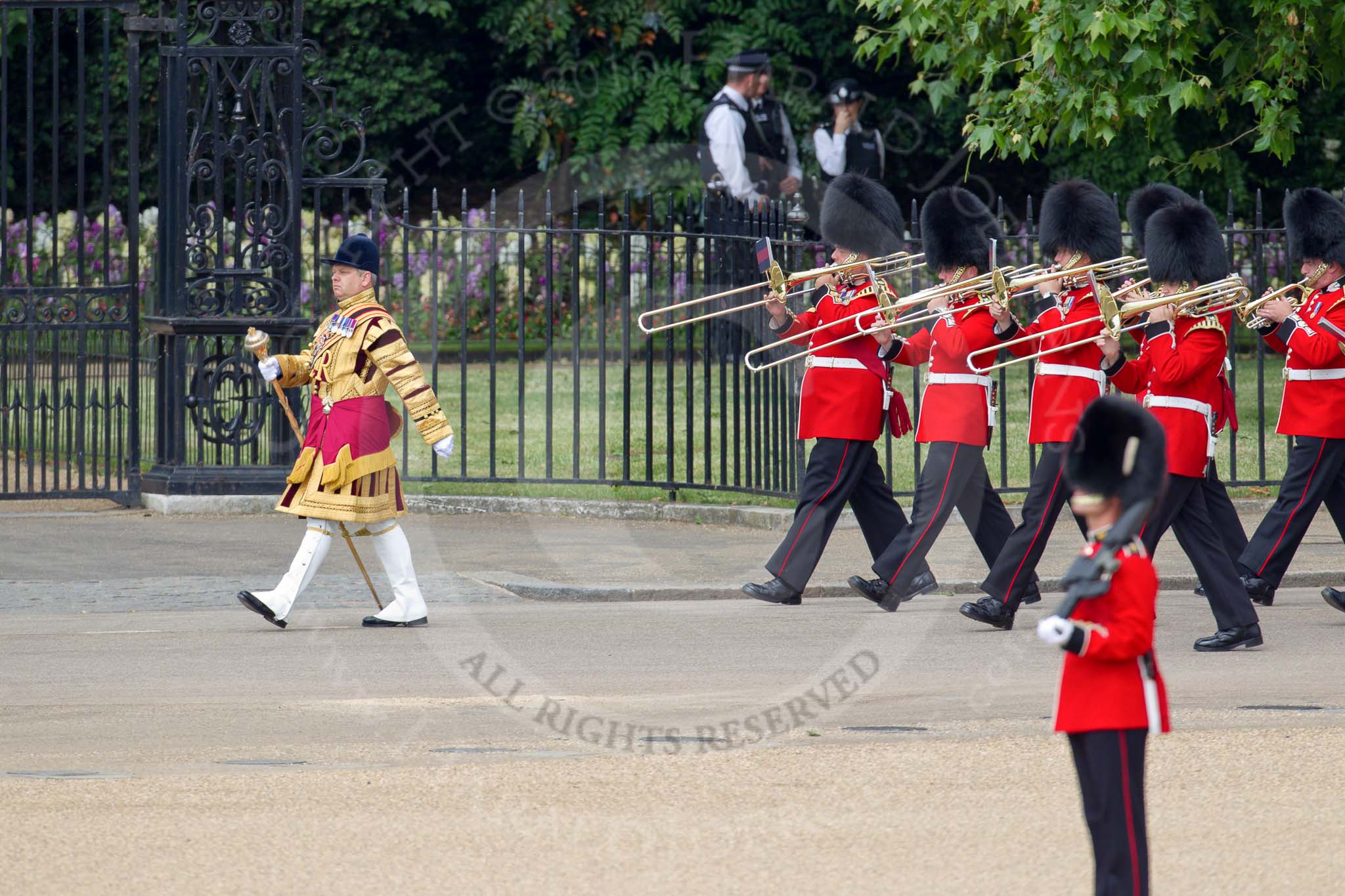 Trooping the Colour 2010: Drum Major of the Grenadier Guards leading the Band of the Scots Guards onto Horse Guards Parade.

In the background St. James's Park..
Horse Guards Parade, Westminster,
London SW1,
Greater London,
United Kingdom,
on 12 June 2010 at 10:27, image #12