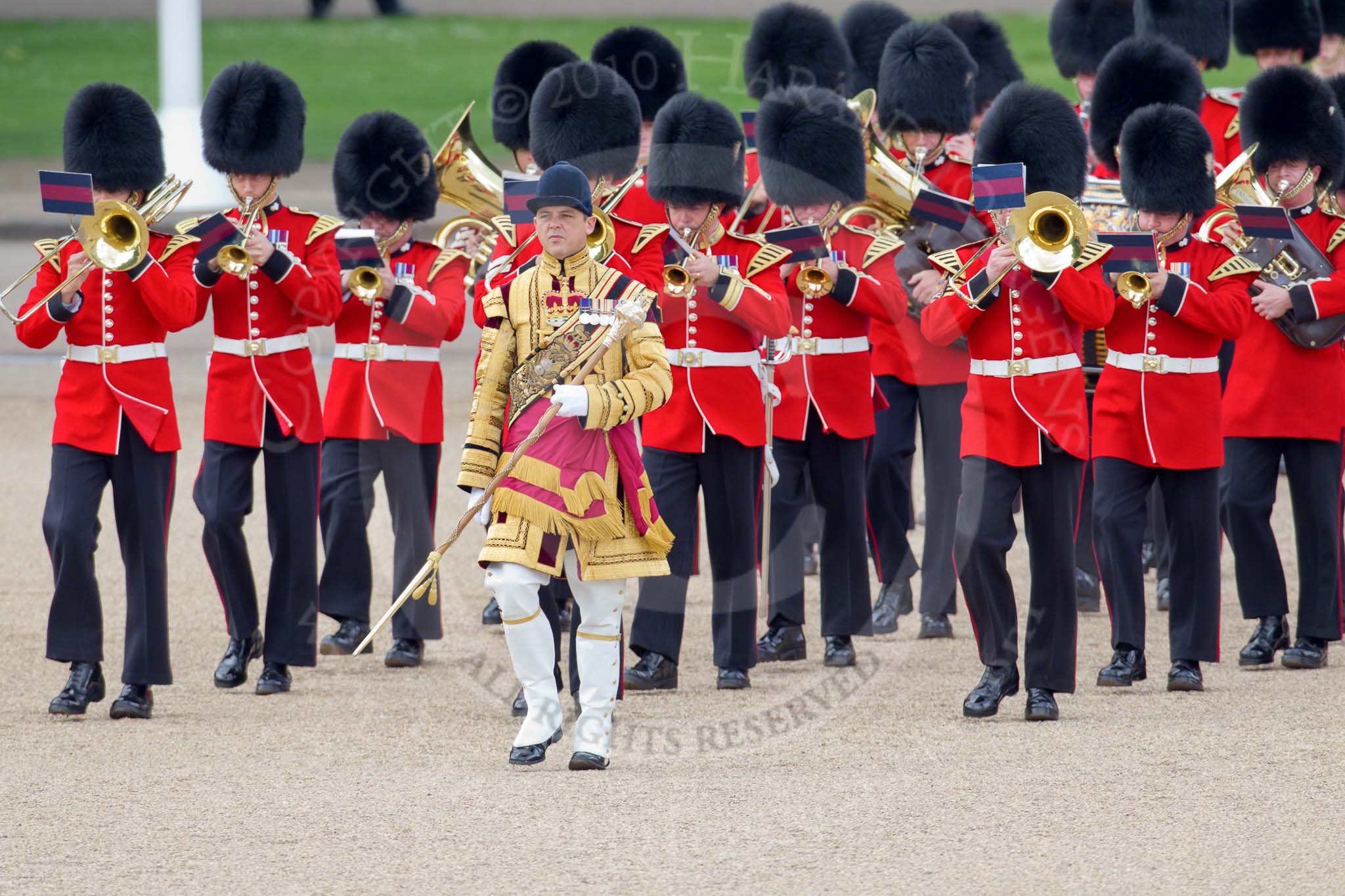 Trooping the Colour 2010: Drum Major of the Grenadier Guards leading the Band of the Grenadier Guards onto Horse Guards Parade.

In the background St. James's Park..
Horse Guards Parade, Westminster,
London SW1,
Greater London,
United Kingdom,
on 12 June 2010 at 10:31, image #14