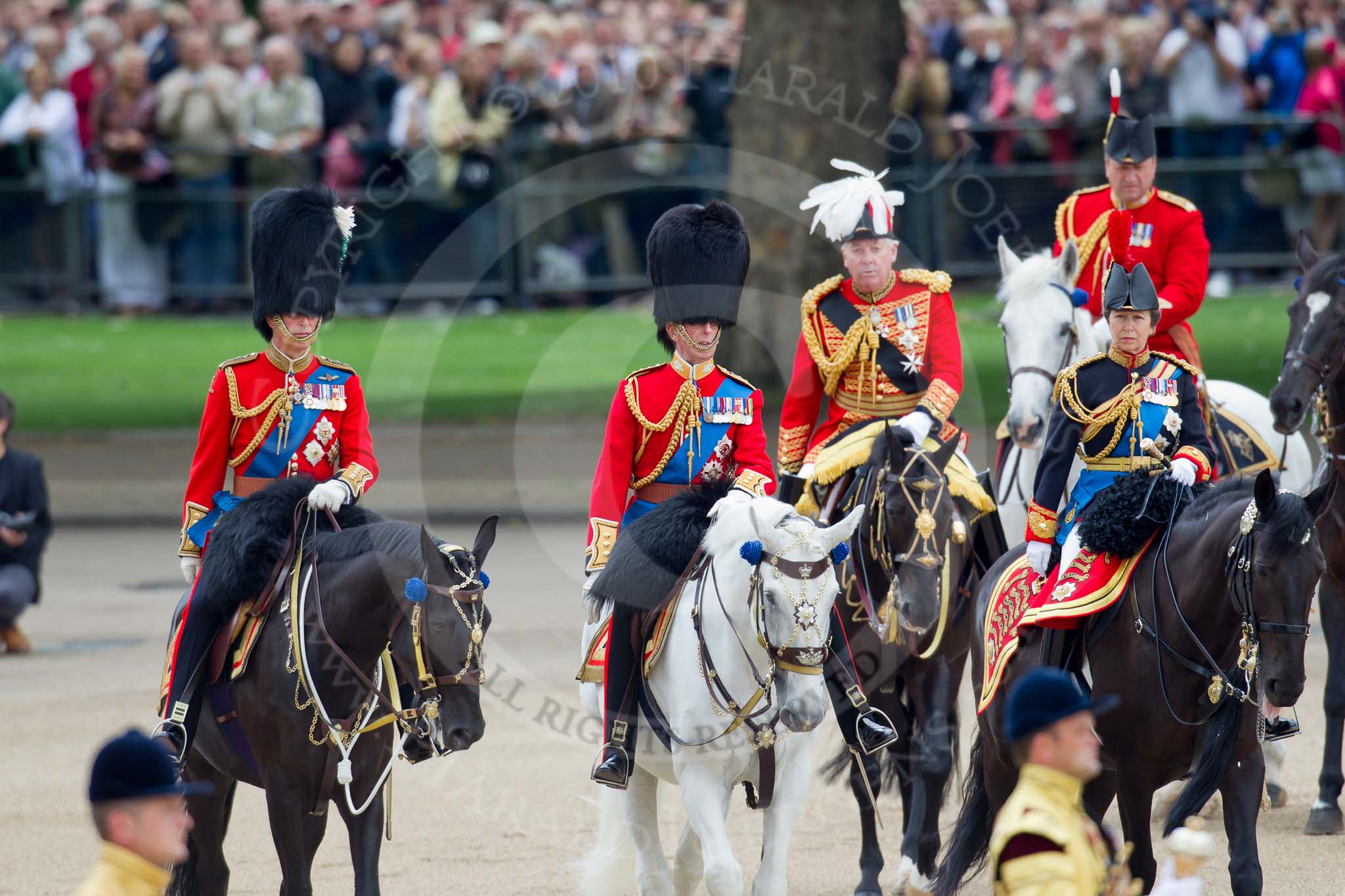 Trooping the Colour 2010: Three Royal Colonels following Her Majesty during the &quot;inspection of the line&quot;.

To the left, Charles, The Prince of Wales, Colonel of the Welsh Guards, in the middle Prince Edward, Duke of Kent, Colonel of the Scots Guards, and, on the right, Anne, The Princess Royal, Colonel of the Blues and Royals.

Behind them Lord Vestey, the &quot;Master of the Horse&quot;.

In the background spectators watching from St. James's Park at the western side of the parade ground, and in the foreground on of the Drum Majors..
Horse Guards Parade, Westminster,
London SW1,
Greater London,
United Kingdom,
on 12 June 2010 at 11:06, image #93