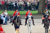 Trooping the Colour 2010: Three Royal Colonels following Her Majesty during the "inspection of the line".

To the left, Charles, The Prince of Wales, Colonel of the Welsh Guards, in the middle Prince Edward, Duke of Kent, Colonel of the Scots Guards, and, on the right, Anne, The Princess Royal, Colonel of the Blues and Royals.

In the background spectators watching from St. James's Park at the western side of the parade ground, and in the foreground on of the Drum Majors..
Horse Guards Parade, Westminster,
London SW1,
Greater London,
United Kingdom,
on 12 June 2010 at 11:06, image #92