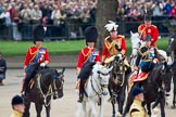 Trooping the Colour 2010: Three Royal Colonels following Her Majesty during the "inspection of the line".

To the left, Charles, The Prince of Wales, Colonel of the Welsh Guards, in the middle Prince Edward, Duke of Kent, Colonel of the Scots Guards, and, on the right, Anne, The Princess Royal, Colonel of the Blues and Royals.

Behind them Lord Vestey, the "Master of the Horse".

In the background spectators watching from St. James's Park at the western side of the parade ground, and in the foreground on of the Drum Majors..
Horse Guards Parade, Westminster,
London SW1,
Greater London,
United Kingdom,
on 12 June 2010 at 11:06, image #93