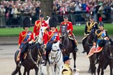 Trooping the Colour 2010: The Royal Colonels inpecting the line. From the left Charles, Prince of Wales, then Prince Edward, Duke of Kent, and Anne, The Princess Royal.

Behind them the Royal Equerries, from the left Lt Col A C Ford, then Lt Col A F Matheson of Matheson, yr
, and on the right Major S R Robinson.

In the background spectators watching from St. James's Park, on the western side of the parade ground, in the front, out of focus, two of the five Drum Majors..
Horse Guards Parade, Westminster,
London SW1,
Greater London,
United Kingdom,
on 12 June 2010 at 11:06, image #95
