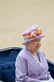 Trooping the Colour 2010: Her Majesty The Queen, sitting in her Ivory Monted Phaeton,  inspecting the line of soldiers on the parade ground..
Horse Guards Parade, Westminster,
London SW1,
Greater London,
United Kingdom,
on 12 June 2010 at 11:07, image #98
